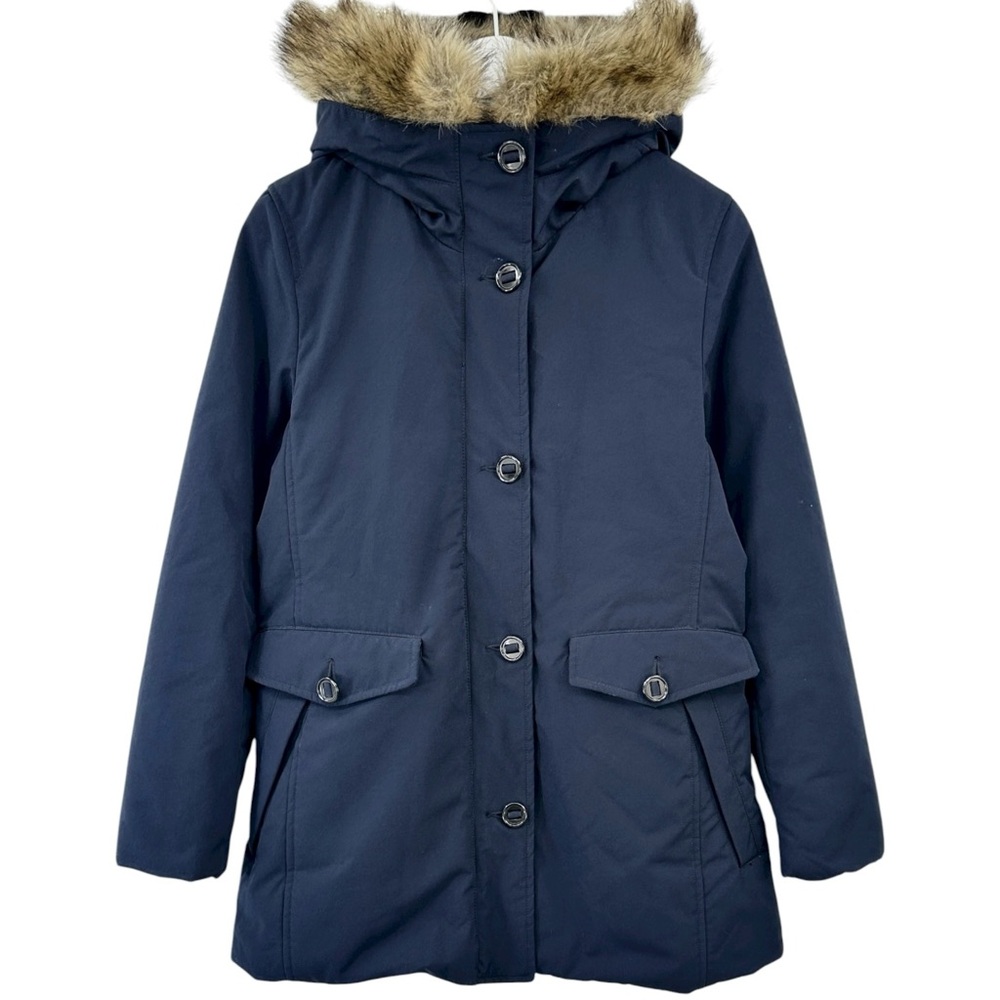 Uniqlo Navy Blue Faux Fur Trimmed Hooded Zip Up Jacket Winter Down Puffer Coat